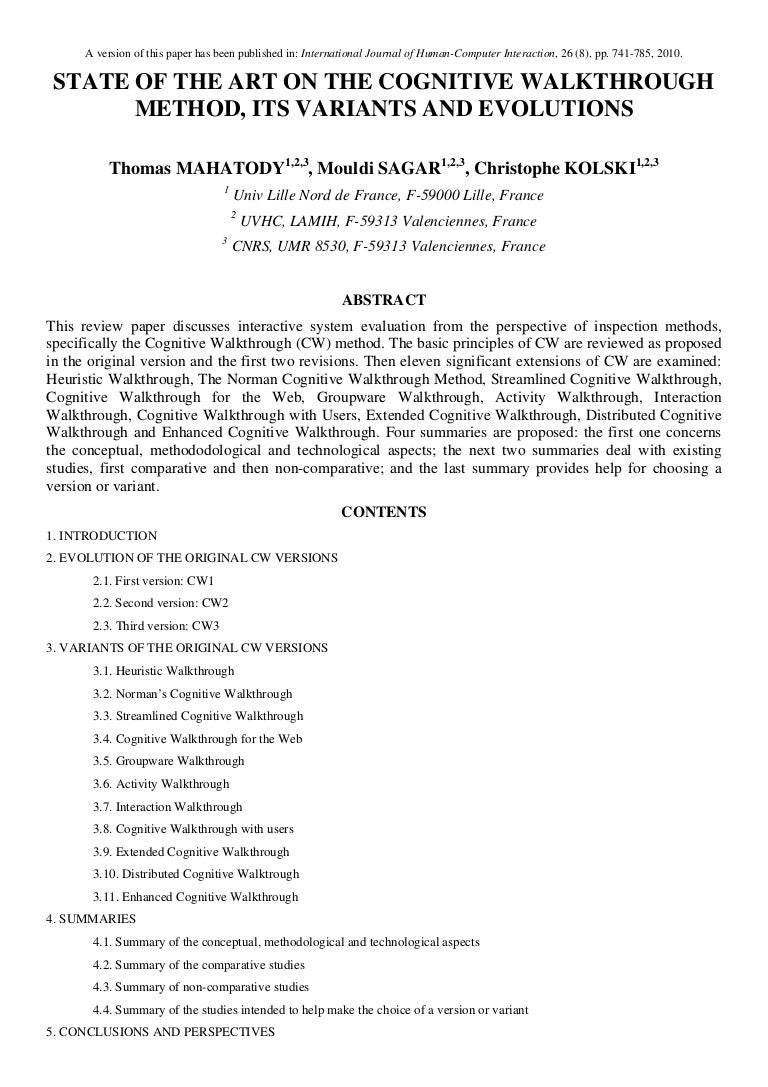 State Of The Art On The Cognitive Walkthrough Method By Mahatody Sa State Of The Art On The Cognitive Walkthrough Method By Mahatody Sa