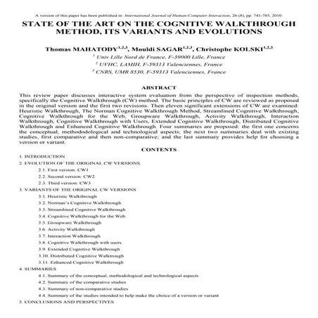 State of the  art on the cognitive walkthrough method by MAHATODY, SAGAR and ...