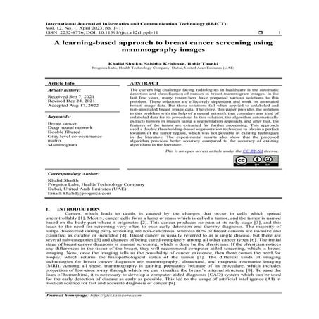 EARLY DETECTION AND CLASSIFICATION OF BREAST CANCER USING MAMMOGRAMS ...