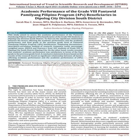 Academic Performance of the Grade VIII Pantawid Pamilyang Pilipino Program 4P...