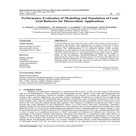 Performance Evaluation of Modelling and Simulation of Lead Acid Batteries for...