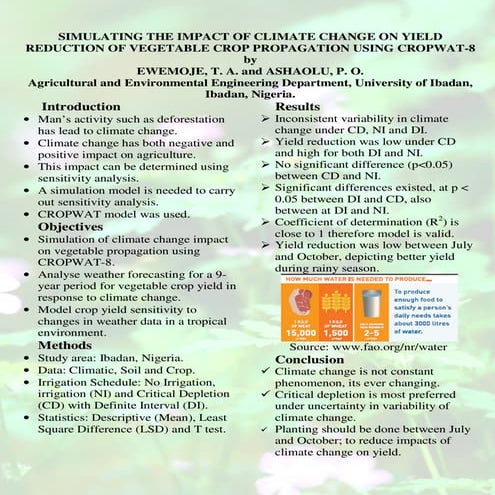 Simulating the impact of climate change on yield reduction of vegetable crop propagation using CROPWAT-8  - Ewemoje, T. A. and Ashaolu, P. O., Lecturer in Soil and Water Conservation Engineering, University of Ibadan, Nigeria