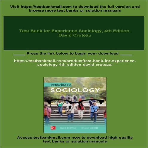 Test Bank for Experience Sociology, 4th Edition, David Croteau | PDF