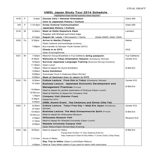 Japan Study Tour Schedule 2014 | DOC