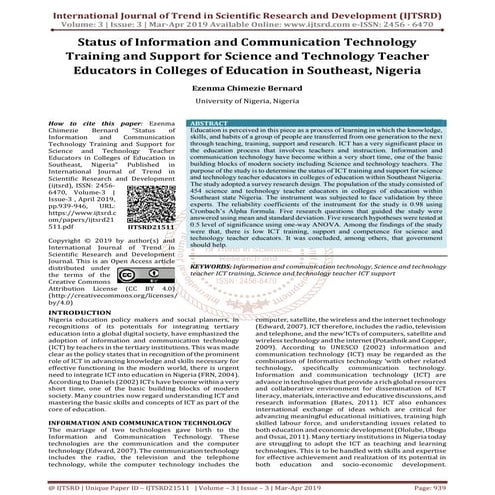 Status of Information and Communication Technology Training and Support for S...