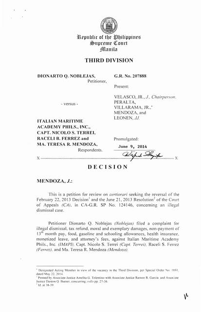 Dionarto Q. Noblejas vs. Italian Maritime Academy Phils., Inc., GR No. 207888, June 9, 2014, Supreme Court of the Philippines