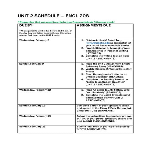 ENGL 208 Online Unit 2 Schedule