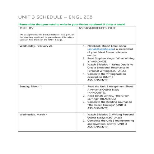 ENGL 208 Online Unit 3 Schedule