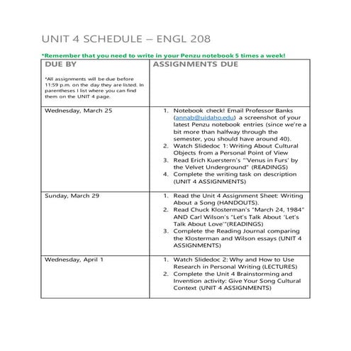 ENGL 208 Unit 4 Schedule