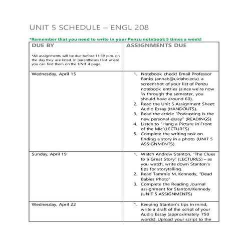 ENGL 208 Unit 5 Schedule
