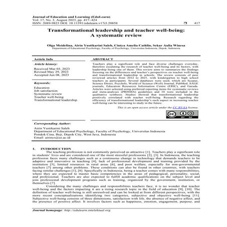 Transformational leadership and teacher well-being: A systematic review ...