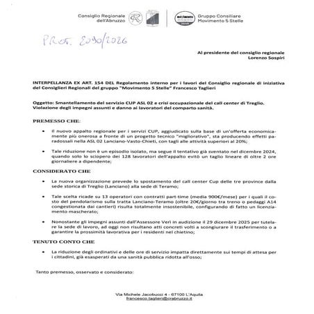 Francesco Taglieri 2090 interpellanza smantellamento CUP | PDF
