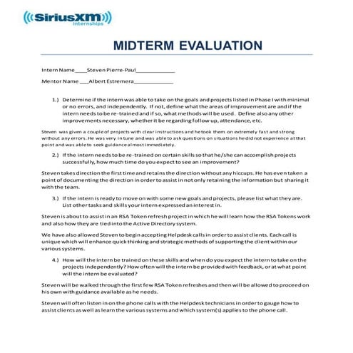 SiriusXM Internship Midterm Evaluation
