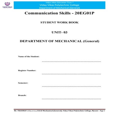 Communication Skills 20EG01P  STUDENT WORK BOOK  UNIT 03