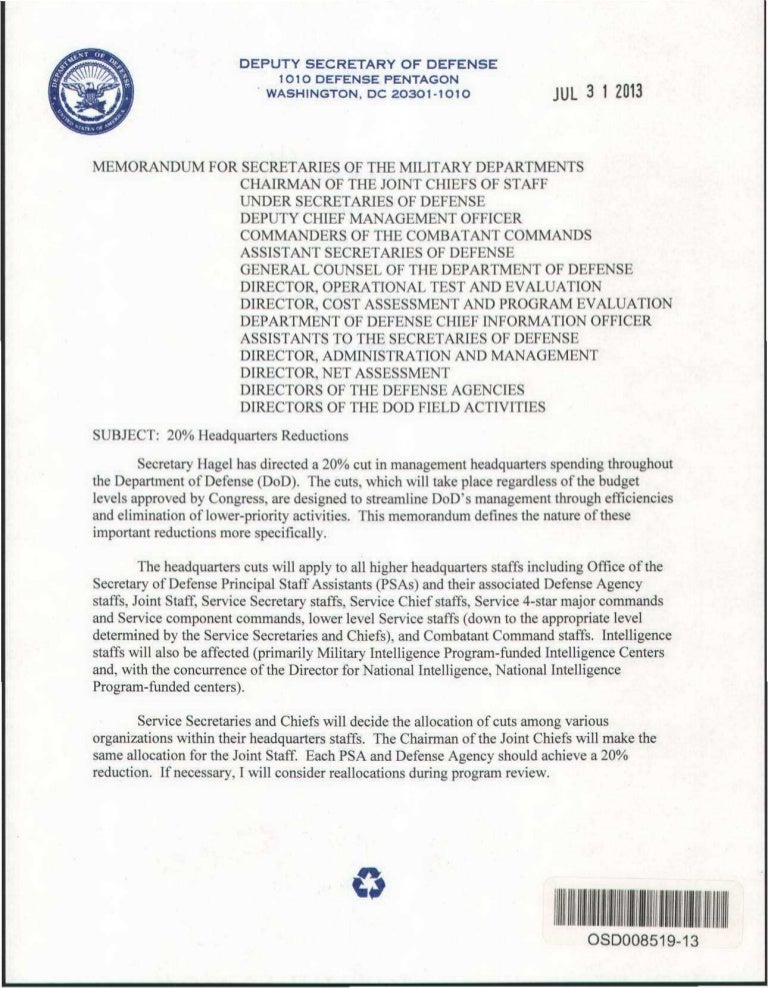 Ashton Carter 20 Headquarters Management Reduction Memo 31 July 2013