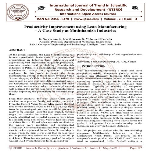 Productivity Improvement using Lean Manufacturing '“ A Case Study at Muththam...