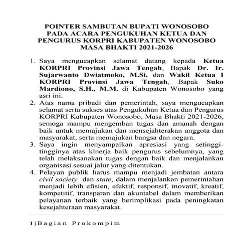 20 sept, sambutan bupati wonosobo pengukuhan ketua dan pengurus korpri