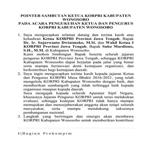 20 sept, sambutan ketua korpri pengukuhan ketua dan pengurus korpri
