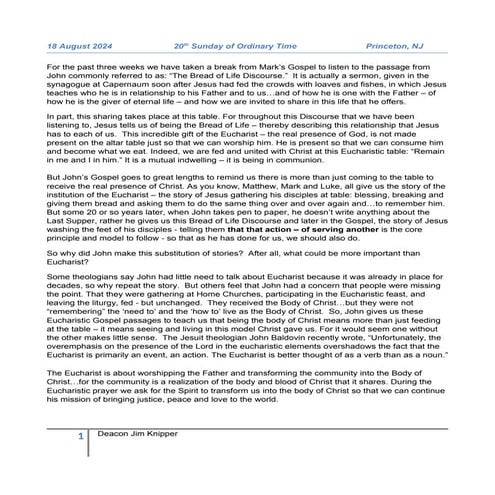 Homily: 20th Sunday in Ordinary Time, Cycle B