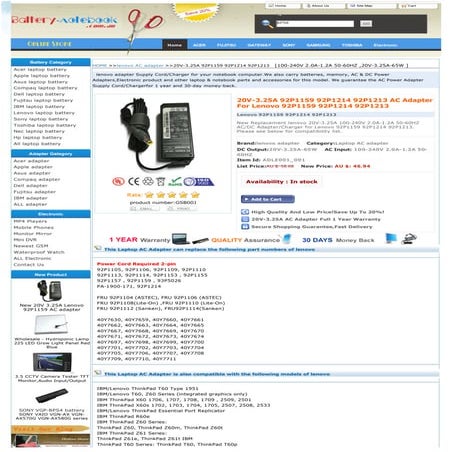 20 v 3.25a 92p1159 92p1214 92p1213 ac adapter for lenovo 92p1159 92p1214 92p1213