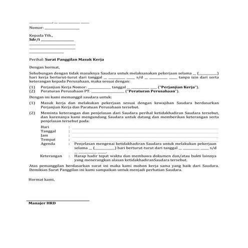 21. draf surat panggilan masuk kerja   panggilan pertama (karyawan mangkir)