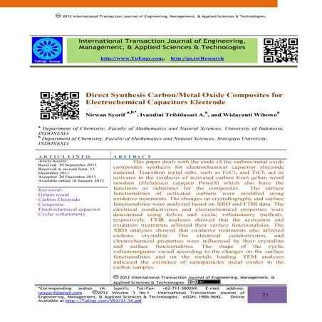 Direct Synthesis Carbon/Metal Oxide Composites for Electrochemical Capacitors...