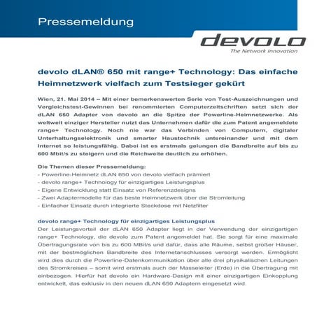 devolo dLAN® 650 mit range+ Technology: Das einfache Heimnetzwerk vielfach zu...