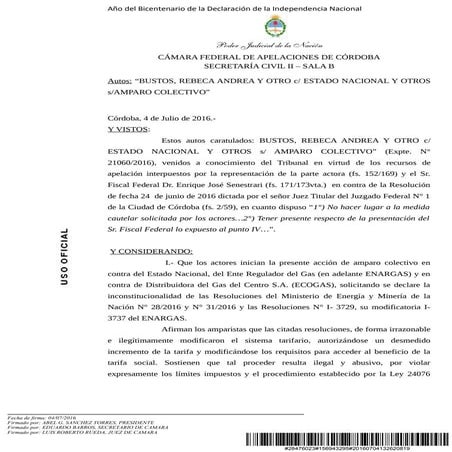 Fallo de Cámara Federal de Apelaciones que frena tarifazo del gas en Córdoba