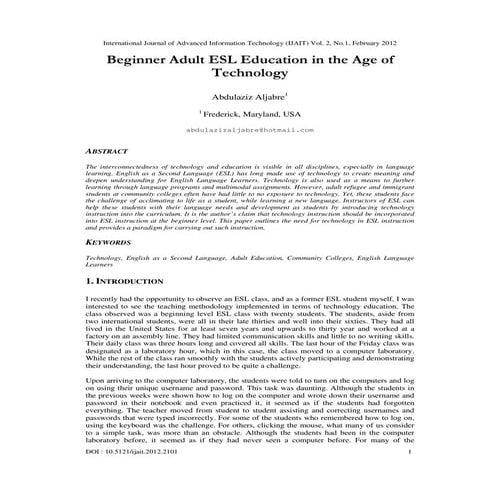 Beginner Adult ESL Education in the Age of Technology 