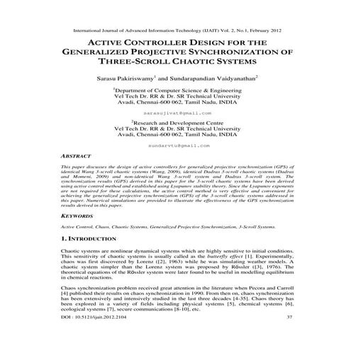 ACTIVE CONTROLLER DESIGN FOR THE GENERALIZED PROJECTIVE SYNCHRONIZATION OF TH...