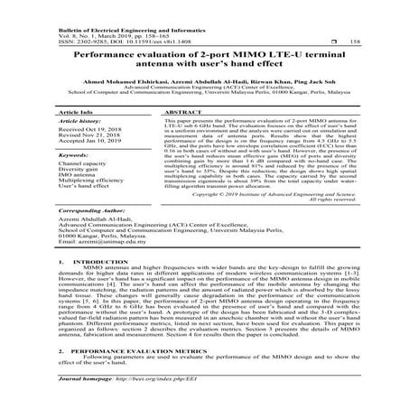 Performance evaluation of 2-port MIMO LTE-U terminal antenna with user’s hand...