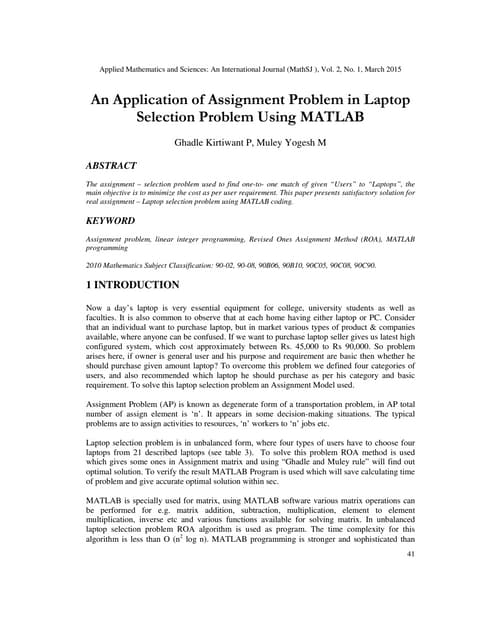 An Application of Assignment Problem in Laptop Selection Problem Using MATLAB 