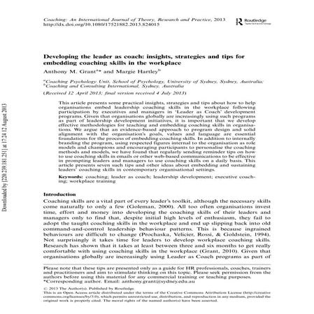 Developing the leader as coach GRANT HARTLEY 2013