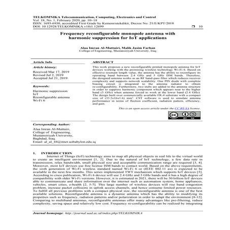 Frequency reconfigurable monopole antenna with harmonic suppression for IoT a...