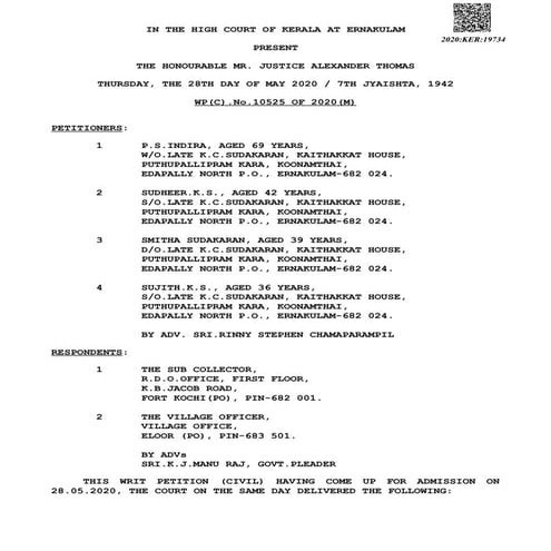 Indira P.S Vs sub Collector Kochi - The settlement register is not a holy cow   James Joseph Adhikarathil