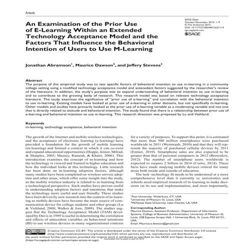 An Examination of the Prior Use of E-Learning Within an Extended Technology A...