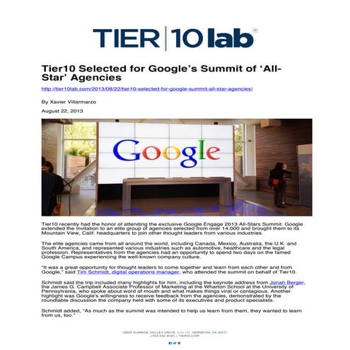 Tier10 Selected for Google’s Summit of ‘All-Star’ Agencies