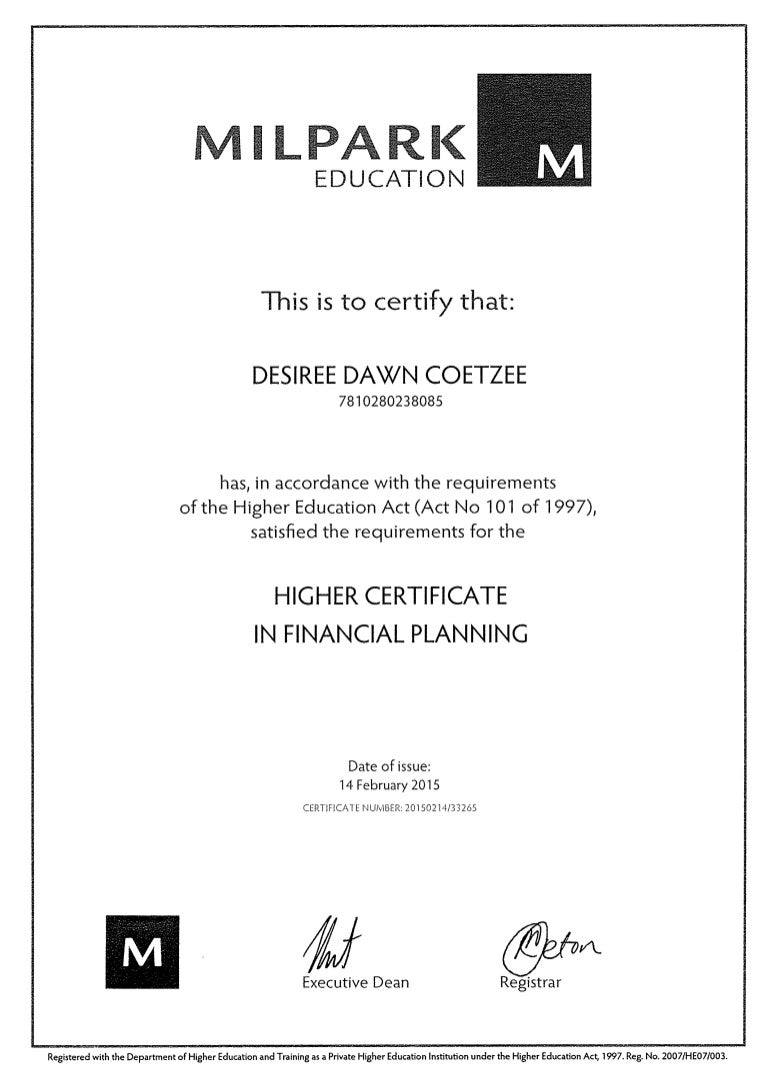 Higher Certificate in Financial Planning