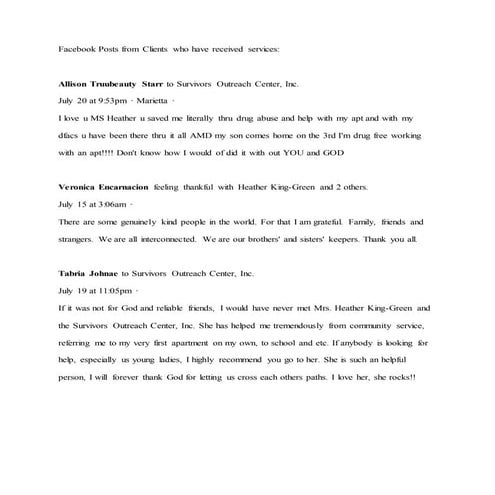 Testimonials fro clients on Facebook