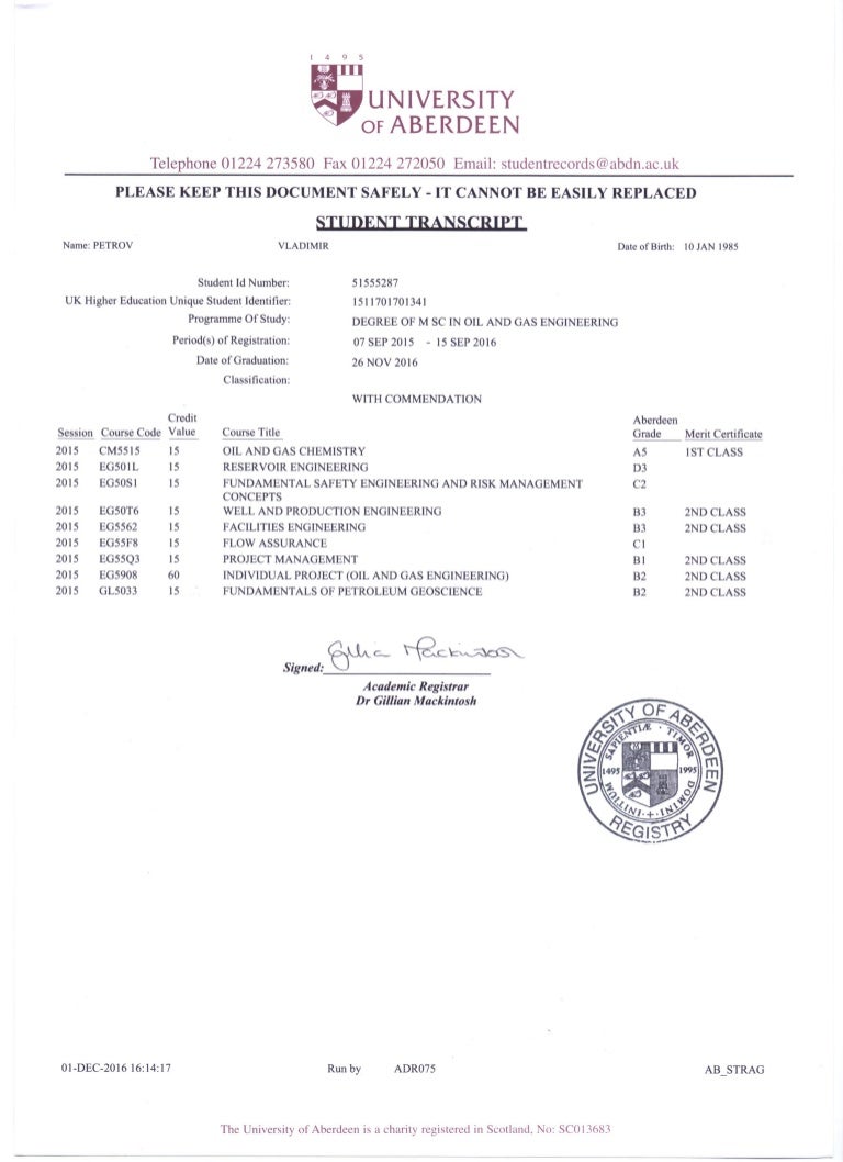 Master of Science Transcript (University of Aberdeen)