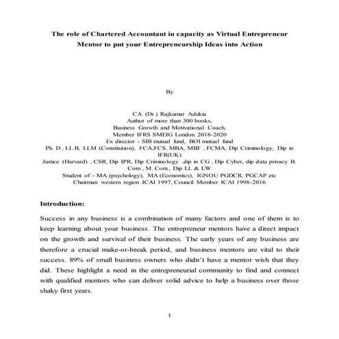 The role of Chartered Accountant in capacity as Virtual Entrepreneur Mentor t...