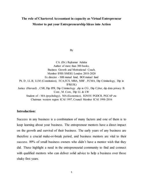 The role of Chartered Accountant in capacity as Virtual Entrepreneur Mentor t...
