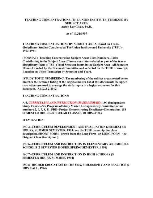 TEACHING CONCENTRATIONS BY SUBJECT ...