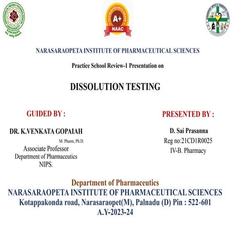 Dissolution Apparatus Presentation of Final year B.Pharmacy