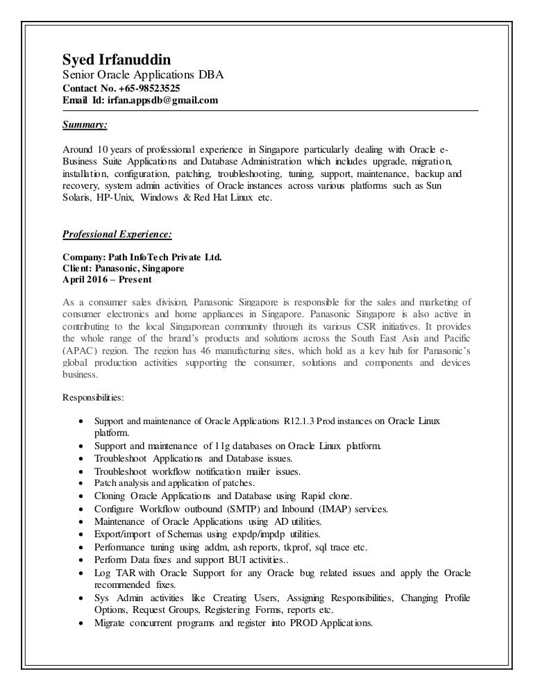 Updated Resume Senior Oracle Applications DBA