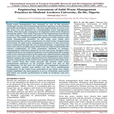 Engineering Assessment of Solid Waste Management Practices in Obafemi Awolowo...