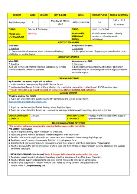 English Year 4 Listening And Speaking Lesson Plan