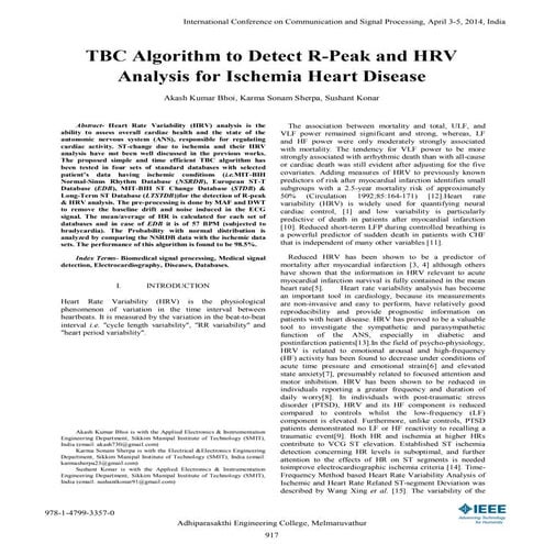 TBC Algorithm to Detect R-Peak and HRV Analysis for Ischemia Heart Disease