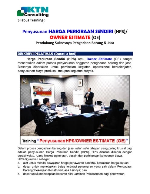 Silabus Training "Penyusunan  HARGA PERKIRAAN SENDIRI (HPS)/OWNER ESTIMATE (OE)