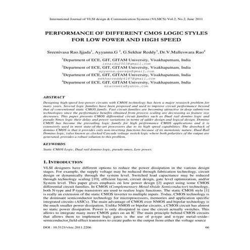 PERFORMANCE OF DIFFERENT CMOS LOGIC STYLES FOR LOW POWER AND HIGH SPEED ...